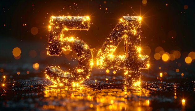 Glowing golden numbers fifty four shine brightly on a dark reflective surface with sparkling lights.
