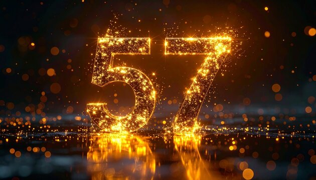Glowing golden numbers Fifty Seven shine brightly on a dark background with bokeh lights.