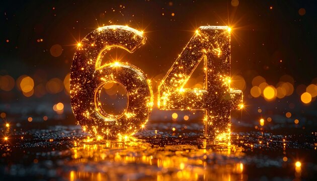 Glowing golden number sixty-four sparkles brightly on a reflective surface at night.