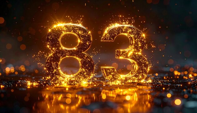 Glowing golden number eighty-three shines brightly on a dark background with sparkling lights.