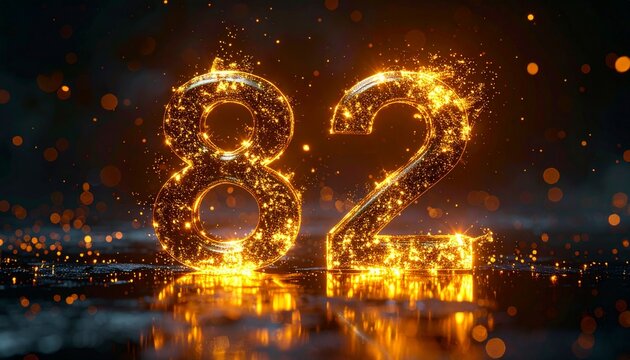 Glowing golden number eighty-two shines brightly in dark mysterious night
