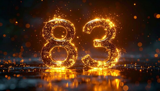 Glowing golden number eighty-three sparks fly through dark space