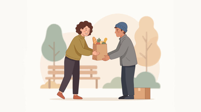 Volunteers helping elderly person with groceries.
