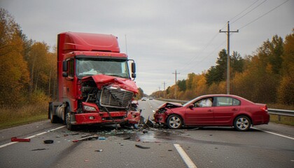 A serious head-on collision between a red semi-truck and a red passenger car on an asphalt highway, showing significant vehicle damage and road debris. © Varos