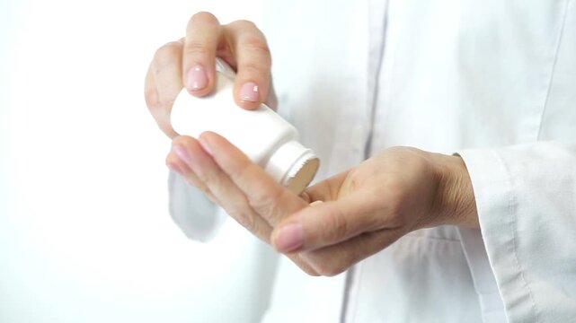Detail of a scientist or doctor opening a white medical container and pouring several beige capsules for patient treatment.