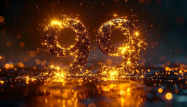 Glowing Number 99 Decoration Sparkles on Dark Background with Reflections