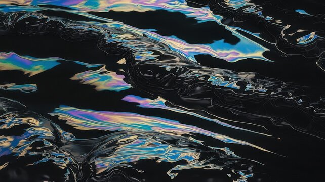 Iridescent Fluid Dynamics. Abstract oil slick on dark water surface, swirling rainbow reflections, environmental pollution concept and liquid texture background