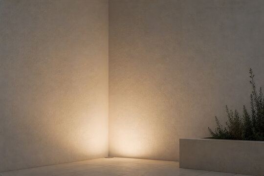 Modern minimalist corner with warm uplighting and a planter with green foliage