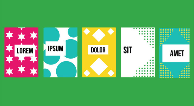 Flat vector illustration of colorful geometric card set, lorem ipsum text design, modern abstract layout, vibrant pattern artwork, creative background composition