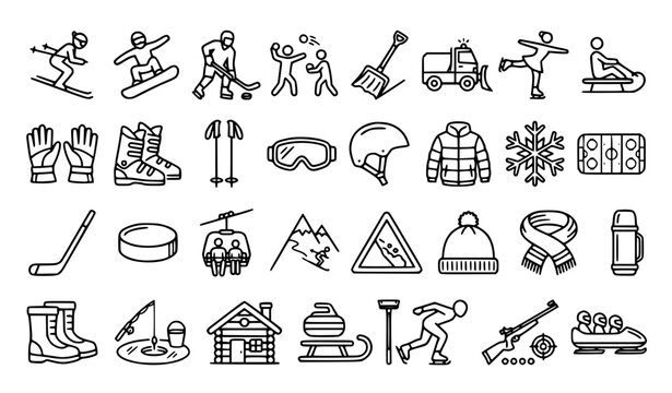 Winter sports line 32 icon set with skiing snowboard hockey and editable stroke vector collection