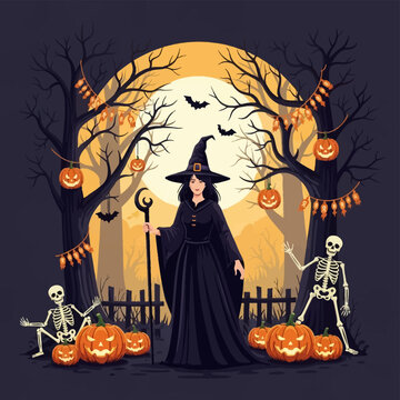 Halloween vector illustration of a witch with a staff standing in a spooky dark forest surrounded by skeletons, carved jack-o'-lanterns, flying bats, and a large yellow full moon.