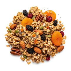 Fototapeta premium Assorted granola mix with dried fruits and nuts for healthy snacking isolated on white background