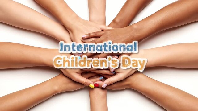 diverse hands together for international children's day celebration on white surface