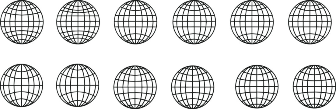 Geometric wireframe spheres, 3D globe pattern, symmetrical grid design, abstract spatial artwork, modern geometry concept, scientific visualization, flat vector illustration