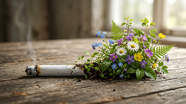 World No Tobacco Day A cigarette transforming into vibrant flowers, symbolizing new life and hope for a smoke-free future