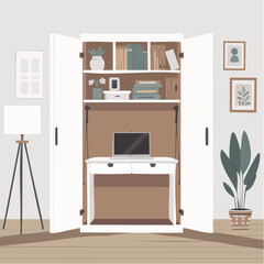 Fototapeta premium Modern home office Murphy desk with computer and books in a cozy room with plant and lamp