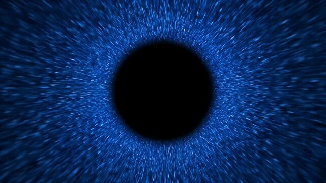 Blue cosmic black hole with glowing particles moving in a deep space tunnel backdrop