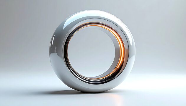 Shiny metallic torus ring with glowing orange light inside on a neutral gray background, abstract futuristic shape, technological element
