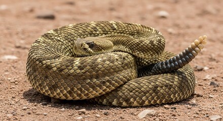 Obraz premium Desert Wildlife Coiled Rattlesnake Resting On Sandy Ground In Natural Habitat