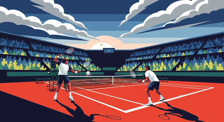 Fototapeta premium Tennis match in stadium with clay court and spectators