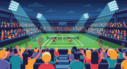 Tennis Match Night Stadium Crowd Floodlights Illustration © Azrha
