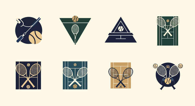 Tennis Icons Set: Rackets, Balls, Court, Clock - Vintage Style