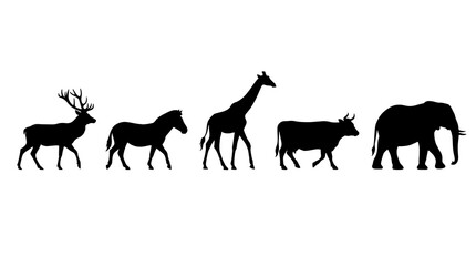 Fototapeta premium Various animal silhouettes walk together in a line outdoors freely.