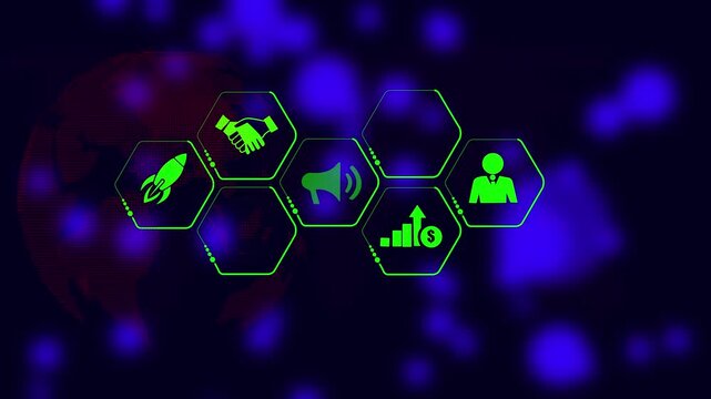 Futuristic neon holographic data visualization with glowing green polygons and rotating 3d shapes neon hologram animation