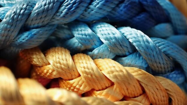 A close look at colorful braided ropes shows their texture and patterns in natural light. The focus shifts between different sections of the ropes, emphasizing their design.