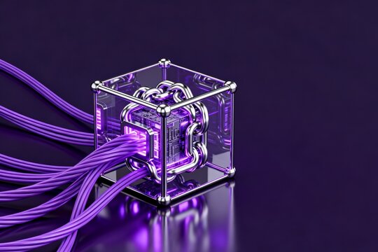 Cube with circuit chip inside and purple cables