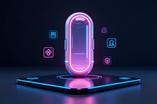 Glowing futuristic capsule device with icons