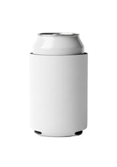 Obraz premium White neoprene can koozie snugly encasing a silver beverage can, isolated on transparent with copy space, ultra realistic 3/4 view, high contrast studio shot, product mockup for branding
