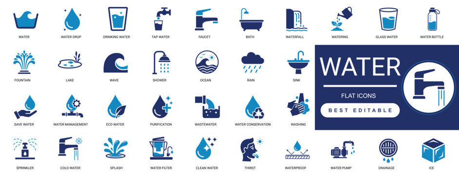 Water Solid  Icon Set. Drop, Liquid, Splash, Wave, Aqua, Drink, Ocean, Pure, Nature, Hydration. Editable Vector