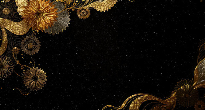 Golden ornate floral frame on black background with intricate metallic design.