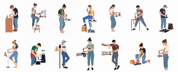 Fototapeta premium Flat Illustration Set of Young Men and Women Baristas and Coffee Lovers Preparing Espresso Using Various Tools and Professional Equipment