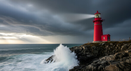 Obraz premium Red lighthouse rocky coast stormy ocean waves