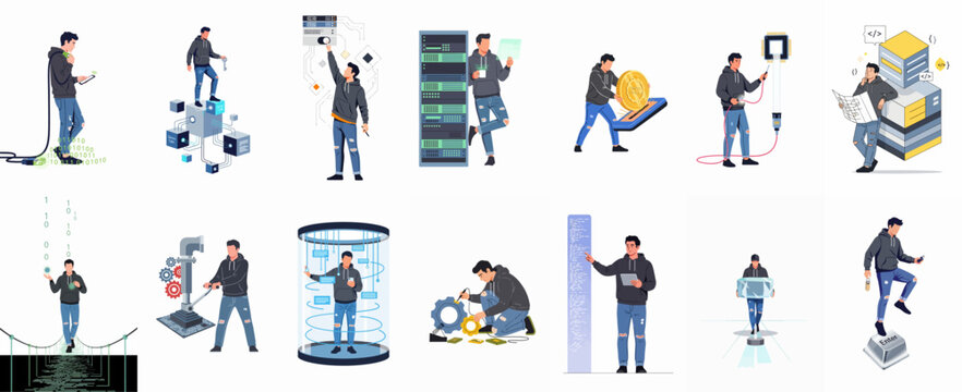 Set of diverse technology illustrations depicting a young man coder working with servers, blockchain, big data, cryptocurrency, and hardware maintenance.