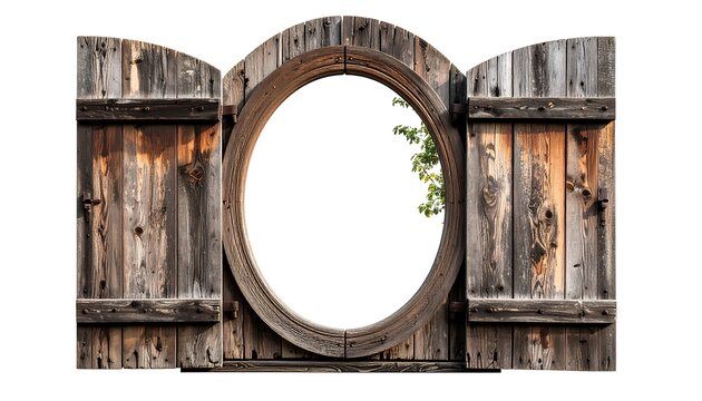 Aged wooden gate with a round window