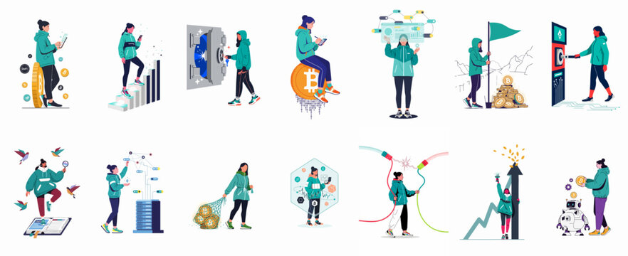 Collection of flat illustrations featuring a woman engaging with cryptocurrency, blockchain technology, DeFi concepts, digital finance, and futuristic tech innovations.