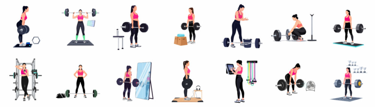 Set of flat vector illustrations of a fit woman performing weightlifting exercises, deadlifts, and overhead presses in a gym setting on white background.