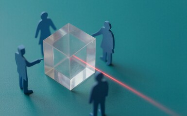 Fototapeta premium Four paper cutouts surround a transparent cube with a red laser beam