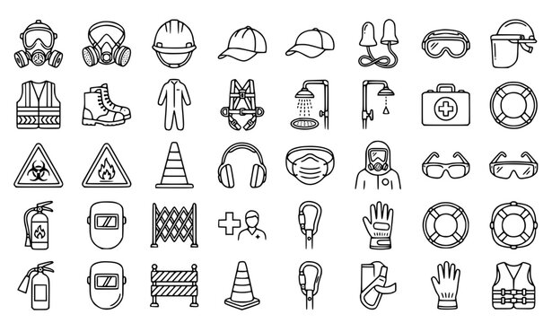 Personal protective equipment line 28 icon set with respirator gas mask and editable stroke vector collection