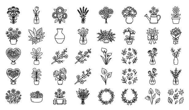 Flower in vase doodle 28 icon set with floral bouquet interior decor and editable stroke vector collection