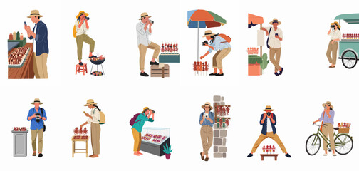 Collection of tourists taking photos of street food, travelers photographing grilled octopus skewers, travel and food photography vector illustration set. © Lopezda