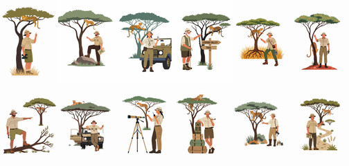 Safari rangers and guides exploring the African savanna, observing leopards in trees, featuring safari vehicles, binoculars, maps, and professional equipment in vector style. © Lopezda