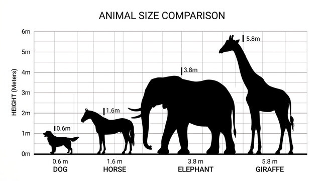 Animal size comparison chart featuring a dog, horse, elephant, and giraffe