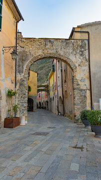 Main entrance to the ancient medieval village of Zuccarello, located in the Neva River valley, in the province of Savona, Liguria, Italy.Most beautiful villages in Italy