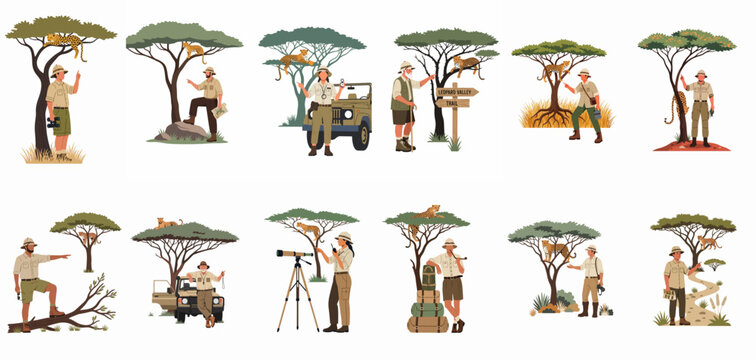 Safari rangers and guides exploring the African savanna, observing leopards in trees, featuring safari vehicles, binoculars, maps, and professional equipment in vector style.