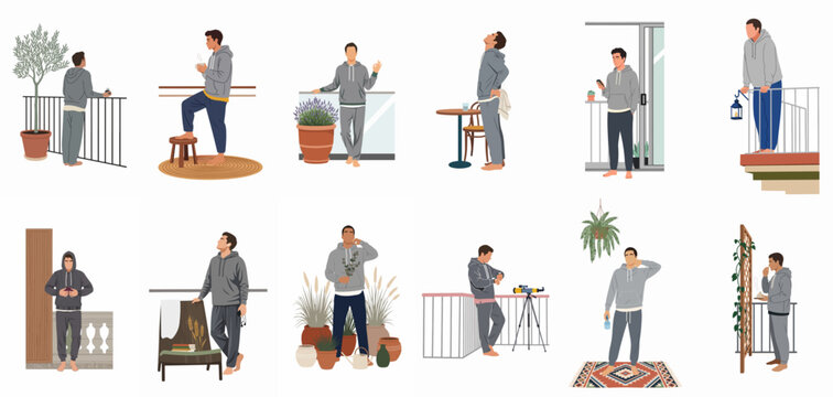 Flat vector illustration set of men in loungewear performing various activities on balconies, such as drinking coffee, relaxing, gardening, and using telescopes.