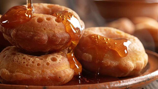 Delicious golden brown donuts being drizzled with sweet sticky syrup.